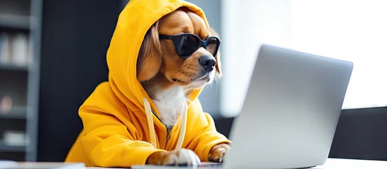 Deurstickers Cute dog wearing glasses hoodie working from home during quarantine Stay at home Copy space image Place for adding text or design © Ilgun
