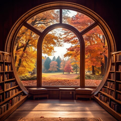  A circular window in a cozy library framing a serene 
