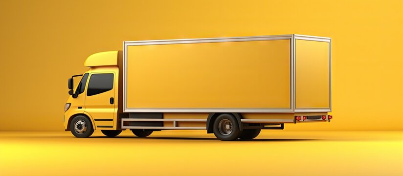 Empty trailer of yellow delivery van with cardboard boxes on floor Concept of shipment Open truck with copy space 3D rendering Copy space image Place for adding text or design