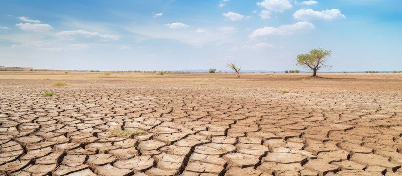 Effects of climate change including desertification and droughts observed in the Loteta reservoir area near Gallur Spain resulting in dry and cracked land due to rainfall shortage Copy space im