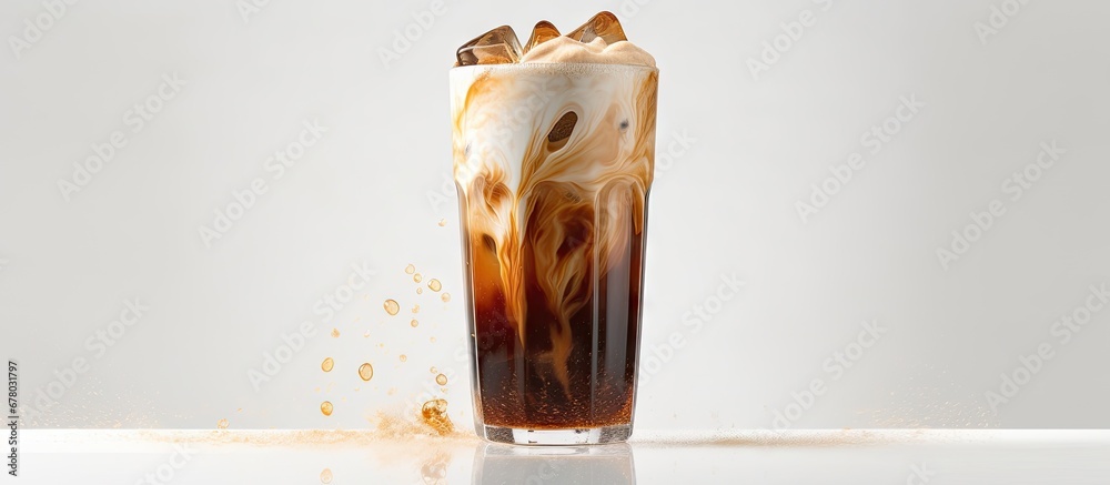 Canvas Prints Cream being poured into cold coffee in a tall glass showcasing the drink s texture on a light gray background Copy space image Place for adding text or design