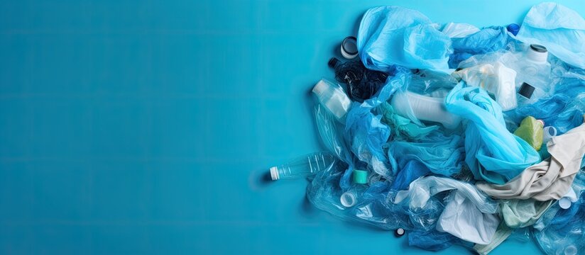 Concept of recycling and reusing plastic Empty plastic bottle and recycled polyester fabric on blue background Environmental protection waste Copy space image Place for adding text or design