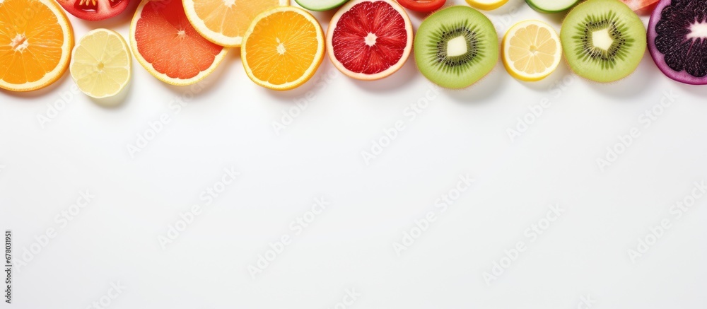 Poster Food concept Colorful slices of fruits and vegetables on a white backdrop Copy space image Place for adding text or design