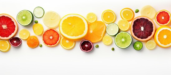 Food concept Colorful slices of fruits and vegetables on a white backdrop Copy space image Place for adding text or design