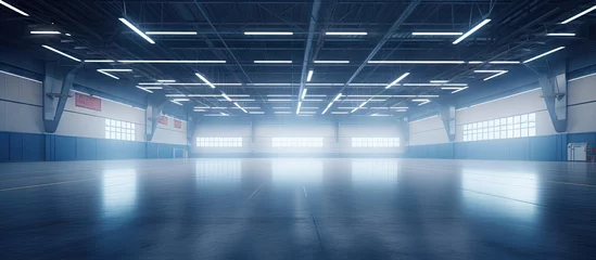 Foto op Plexiglas Empty exhibition hall with exhibition stands parking trade show activity meeting arena for entertainment indoor factory showroom 3D render Copy space image Place for adding text or design © Ilgun