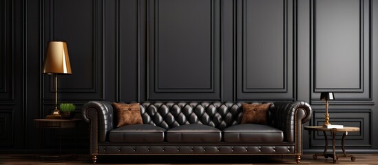 Contemporary black interior with brown leather chester sofa lamp table carpet wood floor mouldings 3d interior mock up Copy space image Place for adding text or design - obrazy, fototapety, plakaty