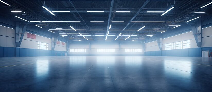 Empty exhibition hall with exhibition stands parking trade show activity meeting arena for entertainment indoor factory showroom 3D render Copy space image Place for adding text or design