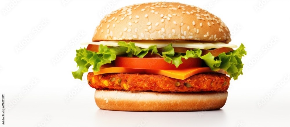 Poster Delicious veggie burger with carrot patty on a plain backdrop Copy space image Place for adding text or design