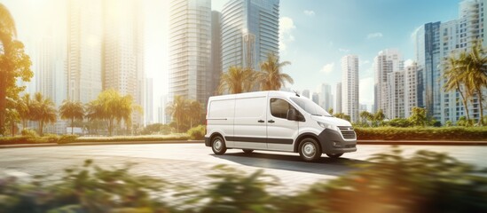 Delivery van driving in European city center medium courier vehicle delivers package in downtown area Commercial shipping logistics Copy space image Place for adding text or design - obrazy, fototapety, plakaty