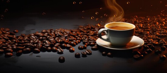 Coffee made from roasted beans is dark bitter acidic and stimulates humans with caffeine Copy space image Place for adding text or design