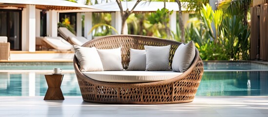 Obraz premium Condo pool with wicker daybed Copy space image Place for adding text or design