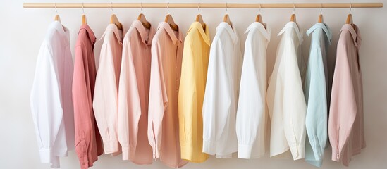 Fashionable pastel clothes in minimalist style for women made of washed linen displayed on a white background suitable for fashion blog website and social media Copy space image Place for addin - Powered by Adobe