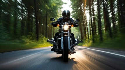 Woman drives on a motorcycle on a country road - obrazy, fototapety, plakaty