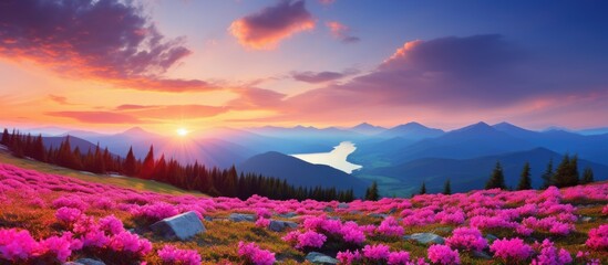 Colorful Carpathian mountains landscapes in Ukraine Europe featuring a lawn with pink rhododendron flowers and a beautiful summer sunset Copy space image Place for adding text or design