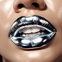 Silver chrome lips. Generative ai. 