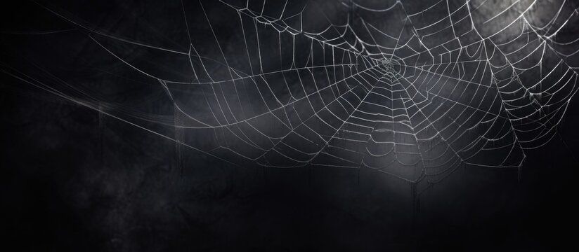 Eerie spider web hanging on black background Copy space image Place for adding text or design
