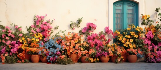 Fototapeta na wymiar Colorful flowers in flowerbed by wall with windows Copy space image Place for adding text or design