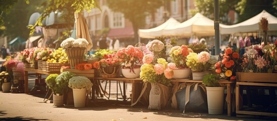 Fototapeta premium Cottagecore style vintage flower market on a public street Copy space image Place for adding text or design
