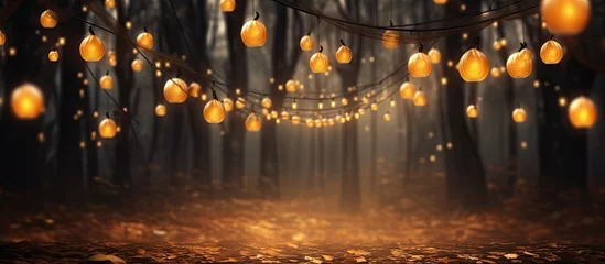  Enchanted Halloween scene with orange bokeh lights and a mystic forest for All Saints Day Ample space for text Copy space image Place for adding text or design © Ilgun