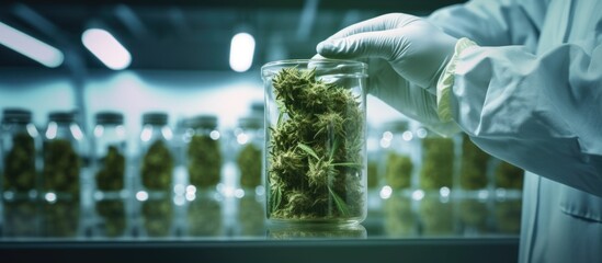 Doctor holding cannabis products in a science lab Medical marijuana Copy space image Place for adding text or design - obrazy, fototapety, plakaty