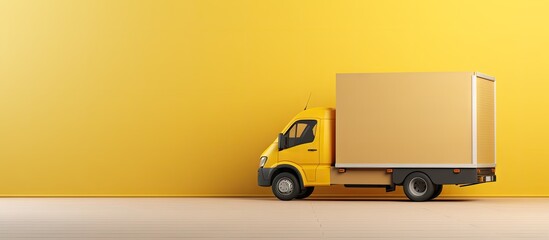 Empty trailer of yellow delivery van with cardboard boxes on floor Concept of shipment Open truck with copy space 3D rendering Copy space image Place for adding text or design - obrazy, fototapety, plakaty