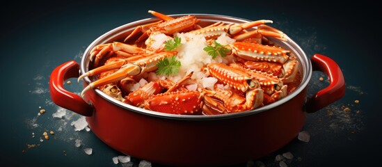 Crab leg hot pot with snow Copy space image Place for adding text or design