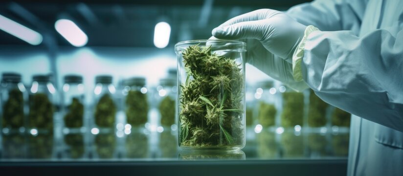 Doctor holding cannabis products in a science lab Medical marijuana Copy space image Place for adding text or design