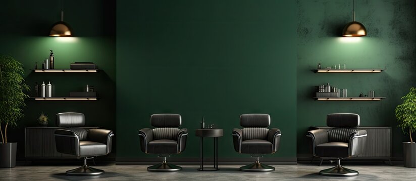 Dark green salon interior with oval mirrors barbershop with green armchairs on grey concrete floor Panoramic countryside window and mock up canvas poster 3D rendering Copy space image Place for