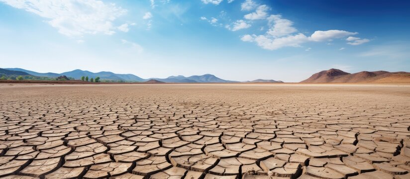 Effects of climate change including desertification and droughts observed in the Loteta reservoir area near Gallur Spain resulting in dry and cracked land due to rainfall shortage Copy space im