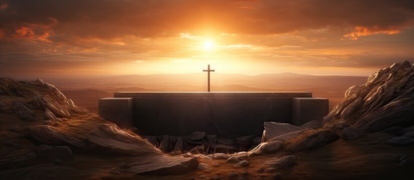 Empty tomb at sunrise following crucifixion Copy space image Place for adding text or design