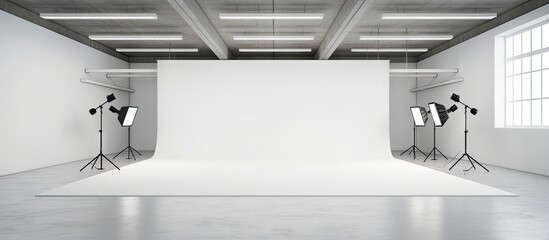 Empty photo studio with white cyclorama and various softbox monoblock flashes Copy space image...
