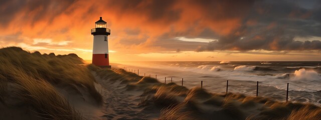 Lighthouse in the dunes,sunset - obrazy, fototapety, plakaty