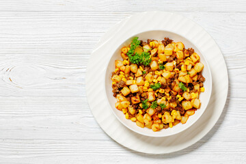 Beef Hash with roasted corn, garlic and parsley
