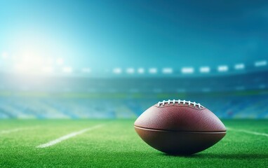 Super bowl poster. Traditional American football isolated on green and blue background. Rugby ball on the stadium field grass. De focus, blurred. Copy space at the left. AI Generative