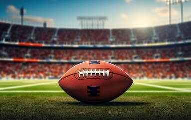 Super bowl poster. Photorealistic American football on stadium background full of people in the day game time. Brown and white leather equipment. Rugby ball. Championship banner. AI Generative