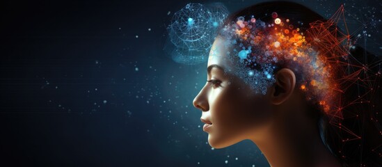 Female profile and fractal elements in technology science and education projects Copy space image Place for adding text or design - obrazy, fototapety, plakaty
