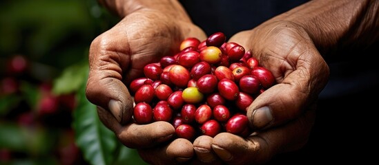 Coffee farmers selecting harvested coffee cherries Copy space image Place for adding text or design - obrazy, fototapety, plakaty