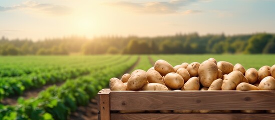 Fresh potatoes in crate on table with green field backdrop Copy space image Place for adding text or design