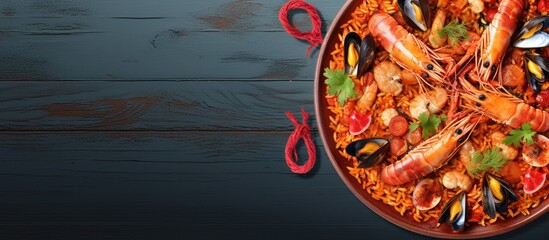 dish with seafood and rice Copy space image Place for adding text or design - obrazy, fototapety, plakaty