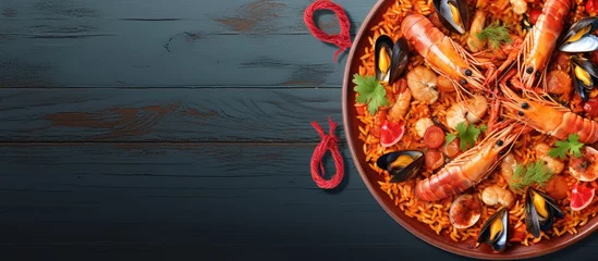 Foto op Canvas dish with seafood and rice Copy space image Place for adding text or design © Ilgun