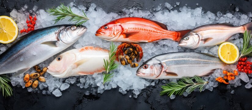 Fresh raw fish and seafood in a healthy balanced diet or cooking concept as seen from above Copy space image Place for adding text or design
