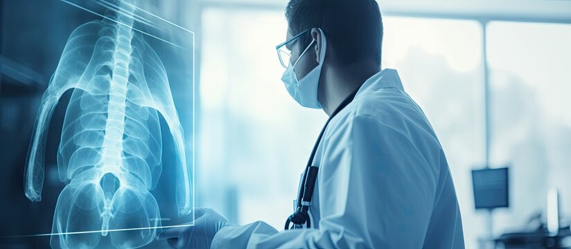 Doctor analyzing a patient s lung x ray in an OR medical idea Copy space image Place for adding text or design