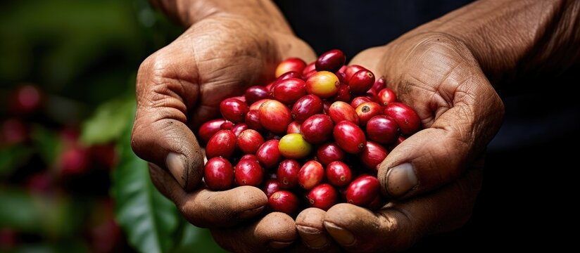 Coffee farmers selecting harvested coffee cherries Copy space image Place for adding text or design