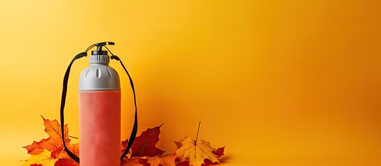 Fitness gear including water bottle dumbbells and jump rope in gym bag Fall themed gym setup with space for text Health and fitness aesthetic Copy space image Place for adding text or design