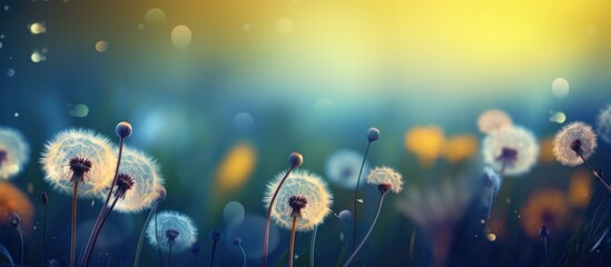 Colorful image of dandelion flowers in a field at sunset on a dark blue green background Copy space image Place for adding text or design