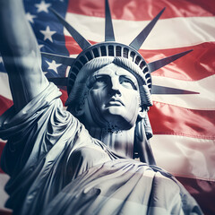 The Statue Of Liberty with the American Flag behind it. Generative ai. 
