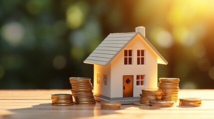 Mini house on top of stack of coins. Concept of financial banking and investment property.