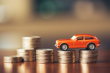 concept of auto dealership and rental, new car buy. toy car stack of coins
