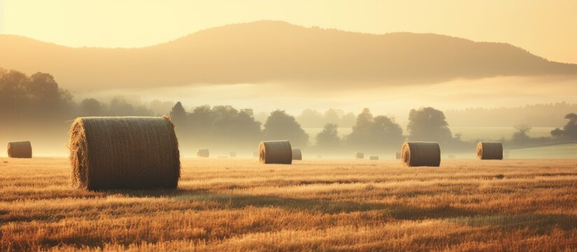 Foggy morning meadow with vintage sunrise photo of hay bales Copy space image Place for adding text or design