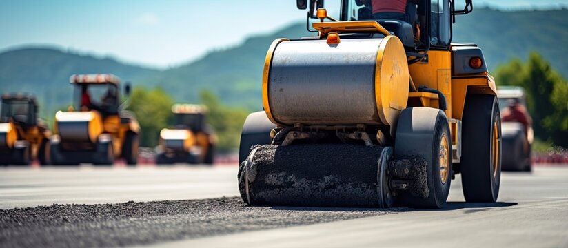 Extensive perspective of road rollers at a construction site Copy space image Place for adding text or design